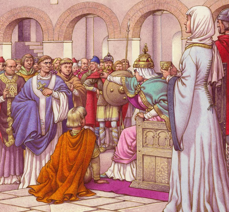 Brunehilda, koningin van de Bourgondiërs, verdrijft Columbanus (gouache op papier) door Pat (1907-95) Nicolle