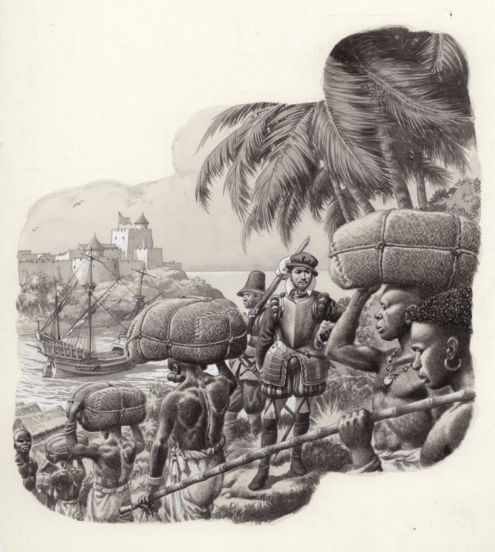 Kasteel gebouwd door Europese handelaren in West-Afrika (gouache op papier) door Pat (1907 95) Nicolle
