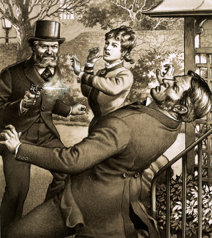 Charles Peace, de beruchte inbreker en moordenaar, schiet een van zijn slachtoffers neer (gouache op papier) door Pat (1907 95) Nicolle