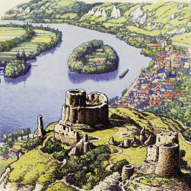Chateau Gaillard, ook bekend als het Nieuwe Kasteel van de Rots (gouache op papier) door Pat (1907 95) Nicolle