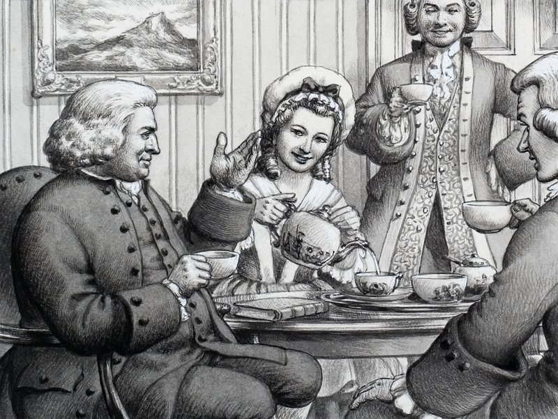 Dr Johnson op de thee bij Mr en Mrs Thrale door Pat (1907-95) Nicolle