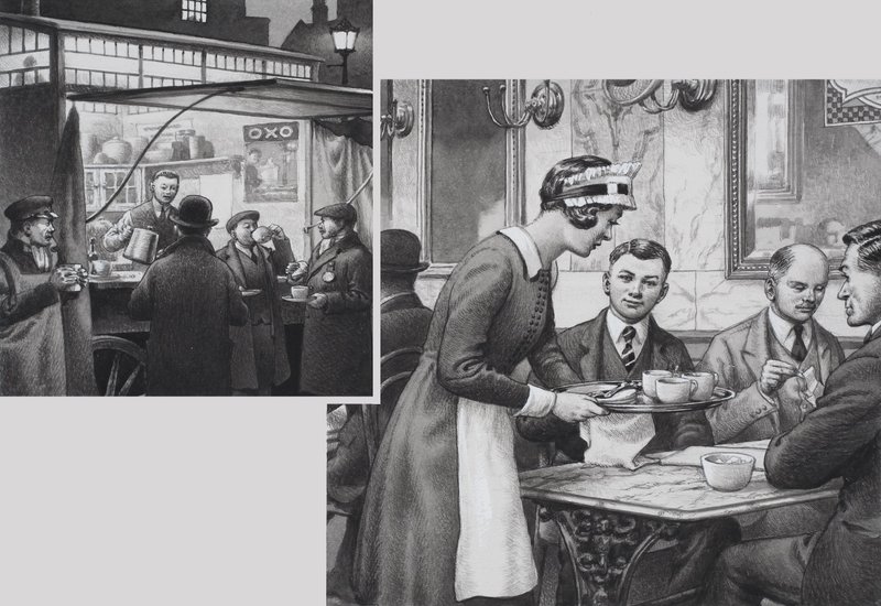 Edwardiaanse koffiebar en theeschenkerij (gouache op papier) door Pat (1907 95) Nicolle