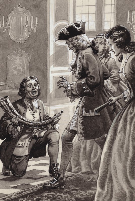 Erik Lassen presenteert een gouden hoorn aan Koning Christian de Zesde van Denemarken (gouache op papier) door Pat (1907-95) Nicolle