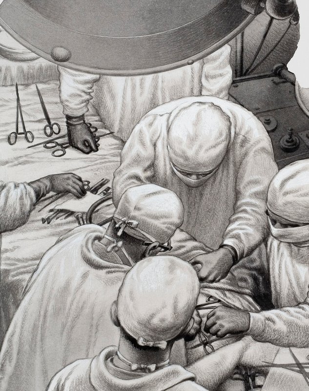 Hartchirurgie, baanbrekend werk van mannen als professor Christiaan Barnard (gouache op papier) door Pat (1907 95) Nicolle
