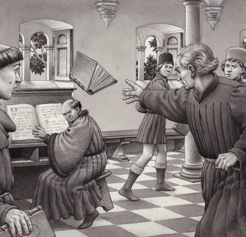 Poggio Bracciolini gooit een boek naar een medegeleerde, Tortelli (gouache op papier) door Pat (1907 95) Nicolle