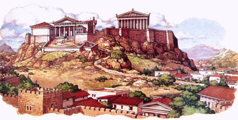 De Akropolis, of oude citadel, van Athene zoals die eruitzag in de 5e eeuw door Pat (1907 95) Nicolle