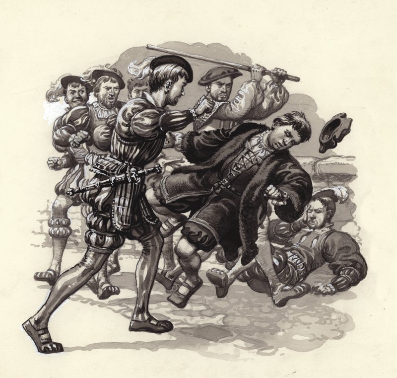 William Herbert valt een onschuldige voorbijganger aan in Bristol (gouache op papier) door Pat (1907 95) Nicolle