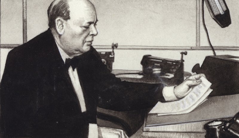 Winston Churchill maakt een van zijn beroemde radio-uitzendingen in oorlogstijd (gouache op papier) door Pat (1907 95) Nicolle