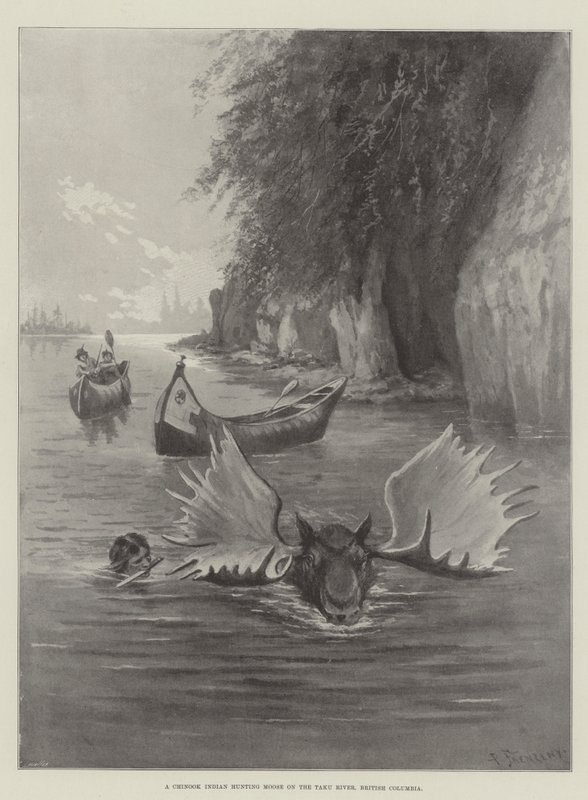 Een Chinook-indiaan die elanden jaagt aan de Taku-rivier, Brits-Columbia door Paul Frenzeny