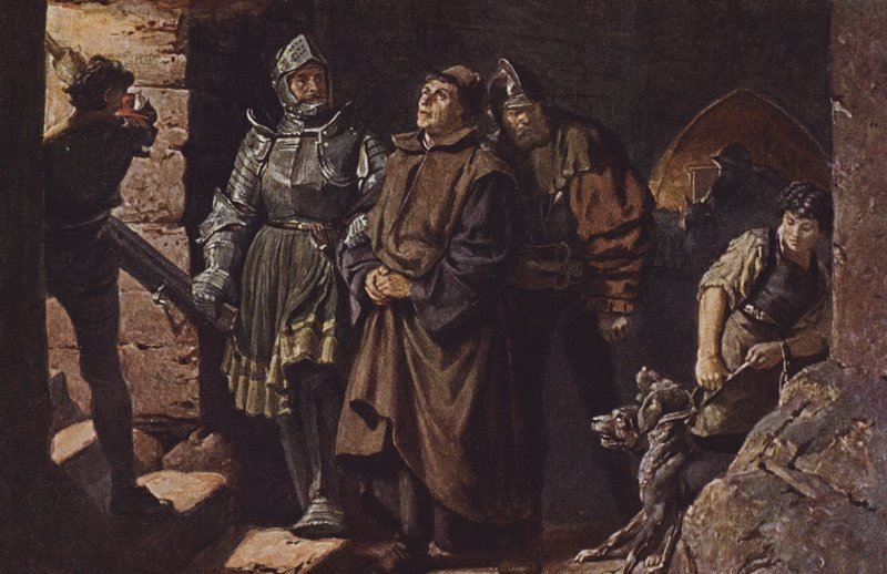 Hans von Berlepsch en Burckhardt Hund von Wenckheim begeleiden Martin Luther naar Wartburg Kasteel door Friedrich Paul Thumann
