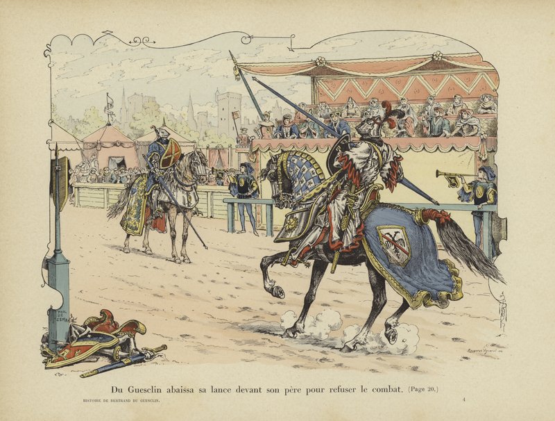 Bertrand du Guesclin laat zijn lans zakken voor zijn vader om zijn weigering om tegen hem te vechten aan te geven, Rennes door Paul de Semant