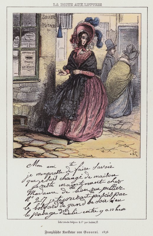 Vrouw die een brief gaat posten, Franse cartoon door Paul (after) Gavarni