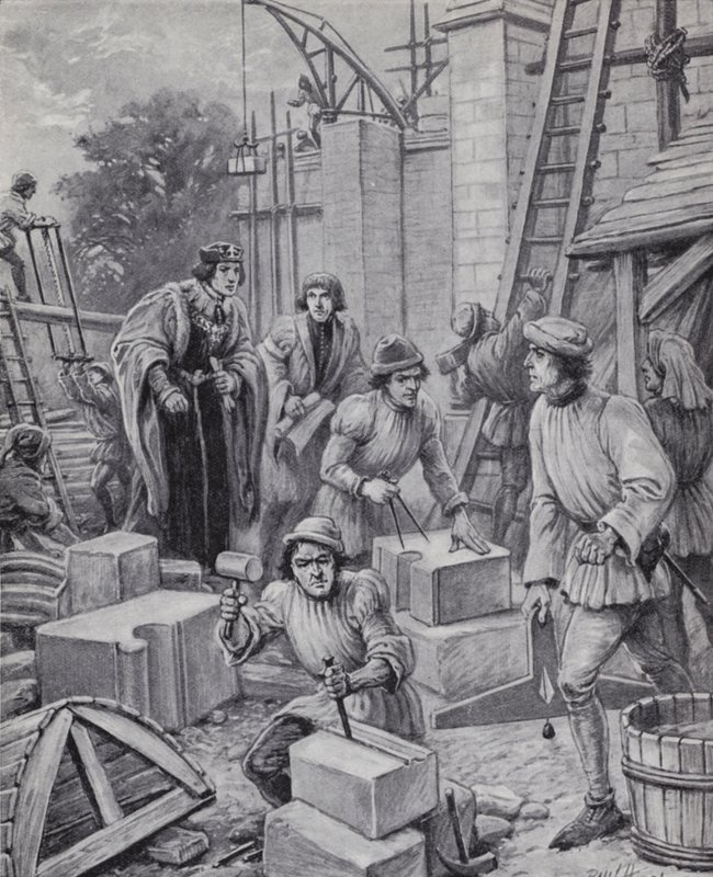 Koning Hendrik VI houdt toezicht op de bouw van Eton College dat hij in 1440 stichtte (litho) door Paul (after) Hardy