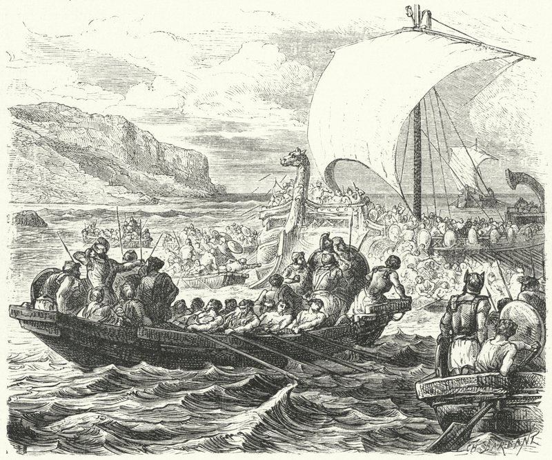 Fenicische schepen landen aan een kust door Paul Dominique Philippoteaux