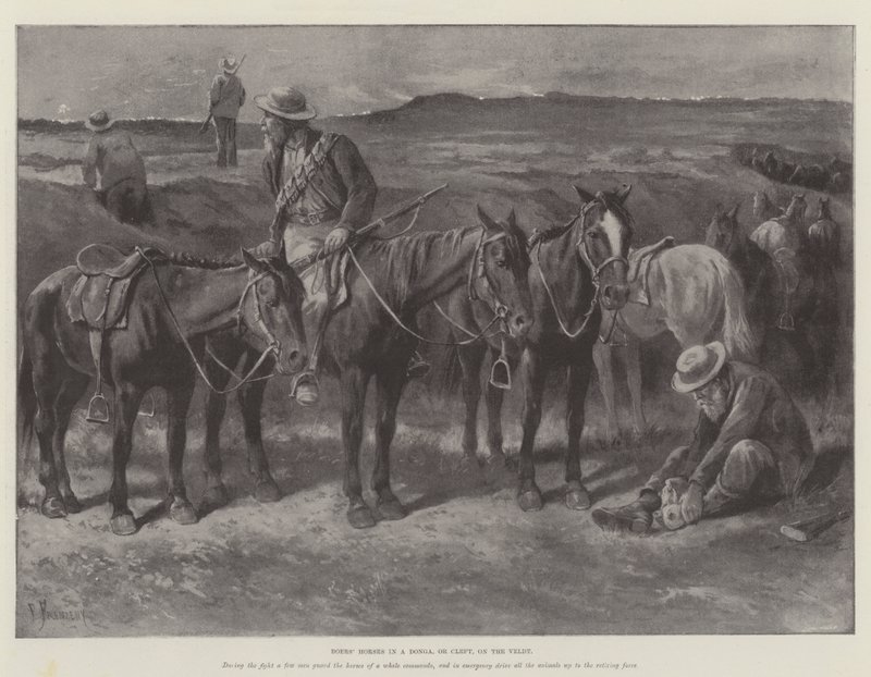 Paarden van de Boeren in een Donga, of Kloof, op de Veldt door Paul Frenzeny