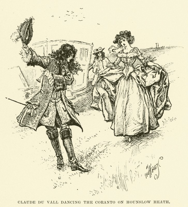 Claude du Vall danst de Coranto op Hounslow Heath (gravure) door Paul Hardy