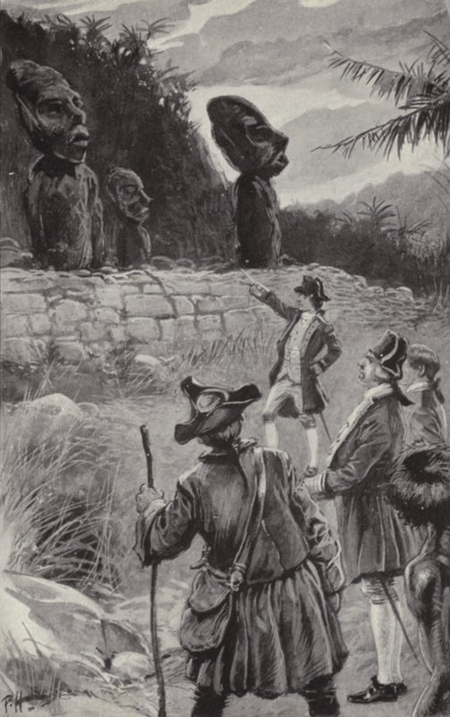 Beelden op Paaseiland onderzoeken (litho) door Paul Hardy