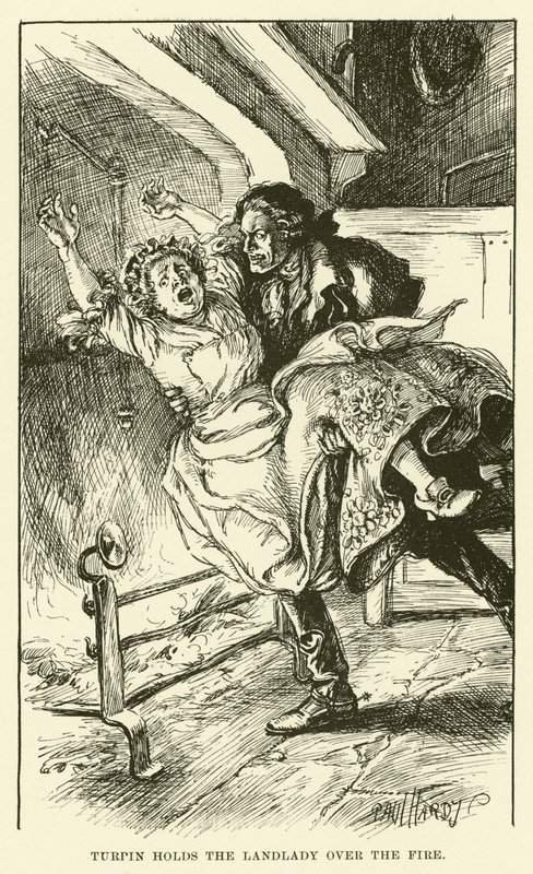 Turpin houdt de waardin boven het vuur (gravure) door Paul Hardy