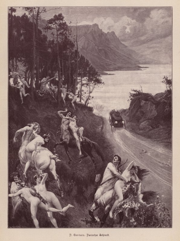 Satyrs en nimfen geschrokken door een auto door Paul Jean Gervais