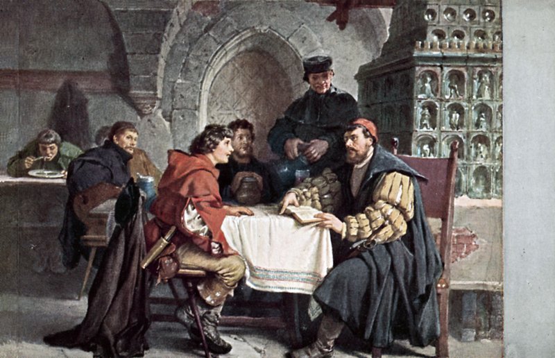 Maarten Luther in gesprek met studenten in de Gasthof der Bären, Jena, Duitsland, maart 1522 door Friedrich Paul Thumann