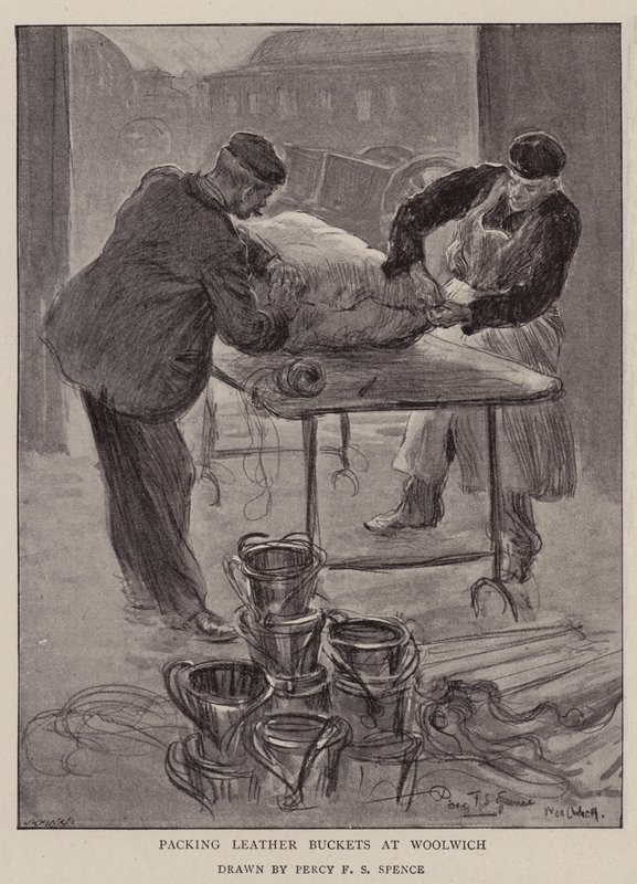 Inpakken van leren emmers in Woolwich door Percy F.S. Spence