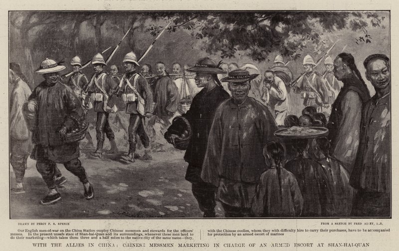 Met de bondgenoten in China, Chinese bedienden op de markt onder leiding van een gewapende escorte in Shan-hai-Quan door Percy F.S. Spence
