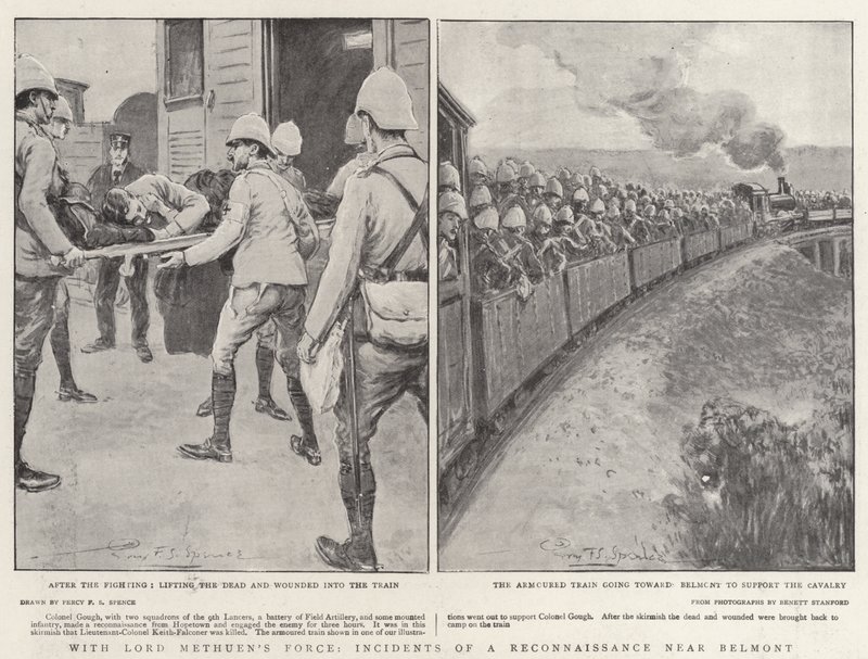 Met de troepen van Lord Methuen, incidenten van een verkenning nabij Belmont door Percy F.S. Spence