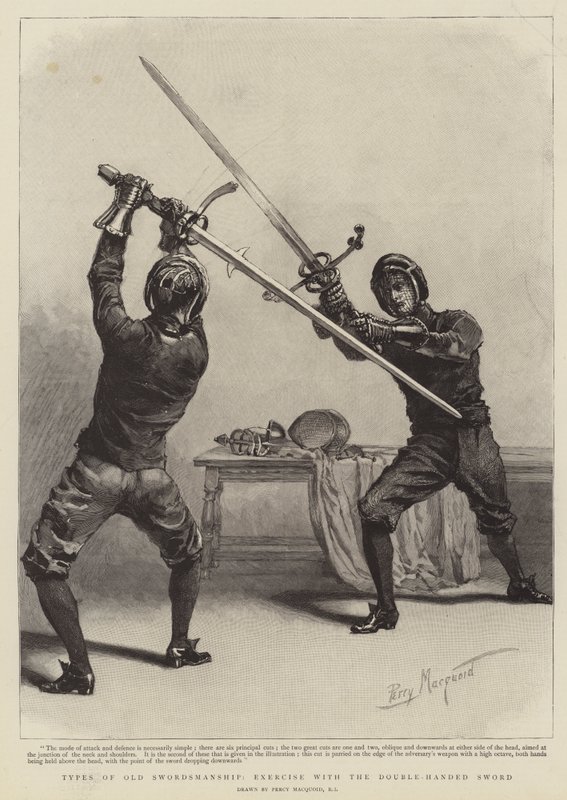 Typen van oude zwaardvechtkunst, oefening met het tweehandszwaard door Percy Macquoid