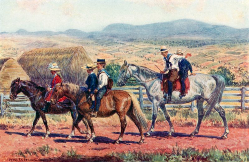 Australische kinderen rijden naar school door Percy F.S. (after) Spence