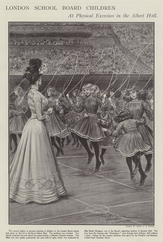 Kinderen van de London School Board bij gymnastiek in de Albert Hall door Percy F.S. (after) Spence