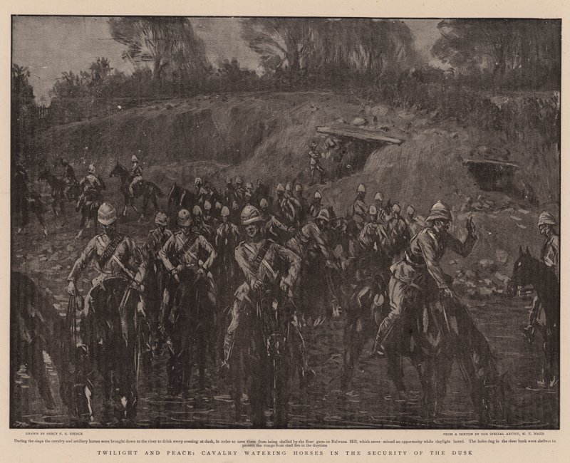 Schemering en vrede, cavalerie die paarden water geeft in de veiligheid van de schemering door Percy F.S. Spence