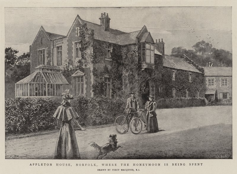 Appleton House, Norfolk, waar de huwelijksreis wordt doorgebracht door Percy Macquoid