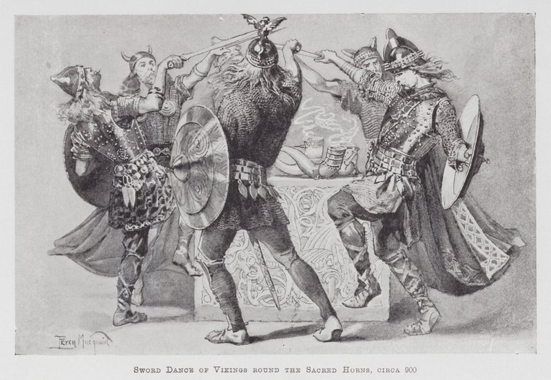 Dansen: Zwaarddans van Vikingen rond de Heilige Hoorns, circa 900 door Percy Macquoid
