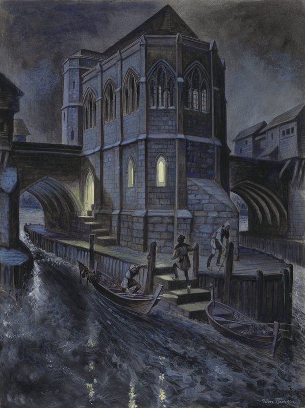 Denkbeeldige reconstructie van de eerste kapel op de Oude London Bridge door Peter Jackson