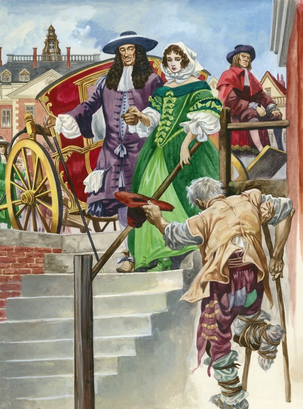 Een oude soldaat bedelt bij koning Karel II, met het Chelsea Hospital op de achtergrond door Peter Jackson