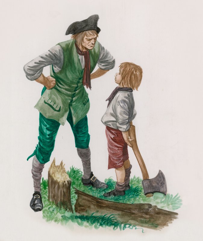 George Washington, na het omhakken van de kersenboom, met zijn vader door Peter Jackson