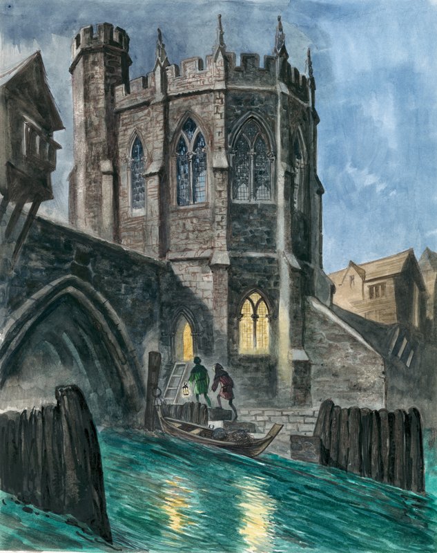 Imaginair reconstructie van de Kapel van St. Thomas op oude London Bridge door Peter Jackson