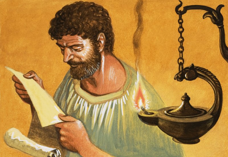 Laat er licht zijn! Griekse man lezend bij lamplicht door Peter Jackson