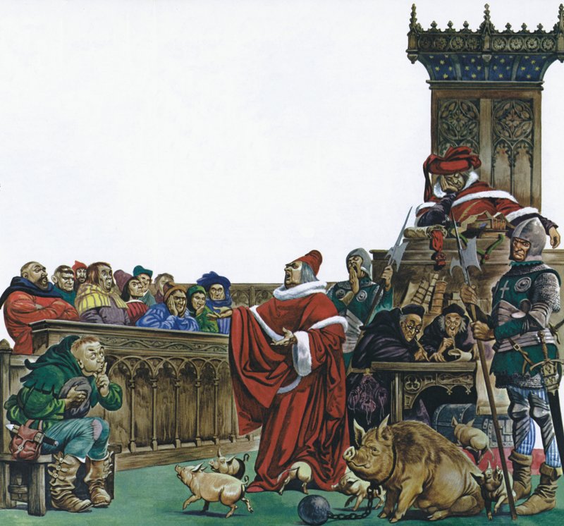 Middeleeuwse rechtbank waarin dieren werden berecht (kleur litho) door Peter Jackson