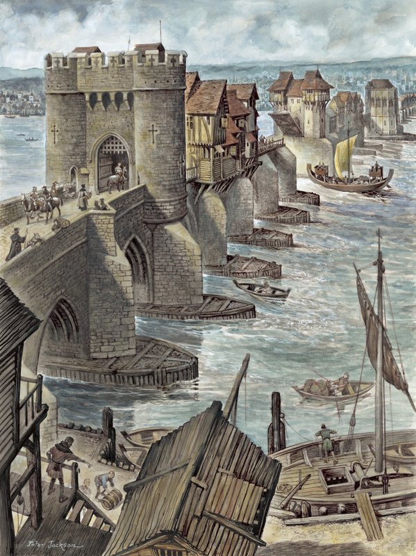 Reconstructie van de oude London Bridge enkele jaren na de bouw, kijkend naar het noordwesten door Peter Jackson