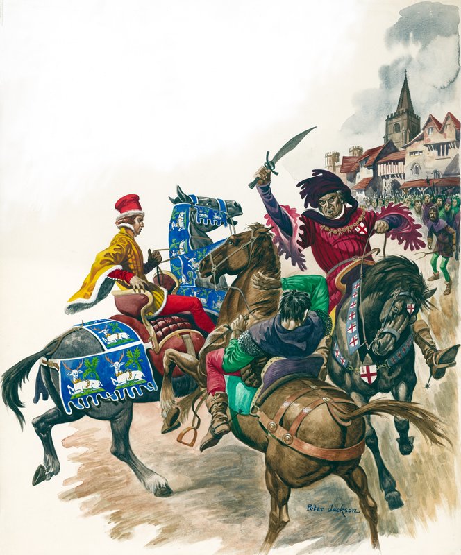 De burgemeester van Londen valt Wat Tyler (geb. 1381) aan (gouache op papier) door Peter Jackson
