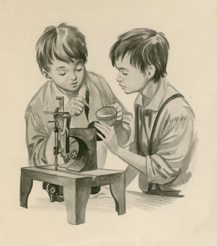 De gebroeders Wright als jongens, water in de naaimachine laten vallen met een veer door Peter Jackson