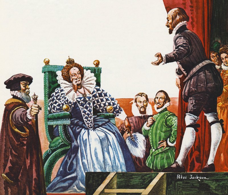 William Shakespeare presenteert een van zijn toneelstukken aan Koningin Elizabeth I door Peter Jackson
