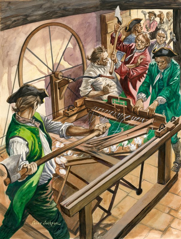 Arbeiders vallen het huis van James Hargreaves in Blackburn aan om zijn uitvinding, de Spinning Jenny, te vernietigen door Peter Jackson