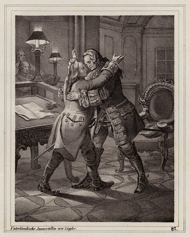 Eugene van Savoye omhelst de Hertog van Marlborough, Oorlog van de Spaanse Successie door Peter Johann Nepomuk Geiger