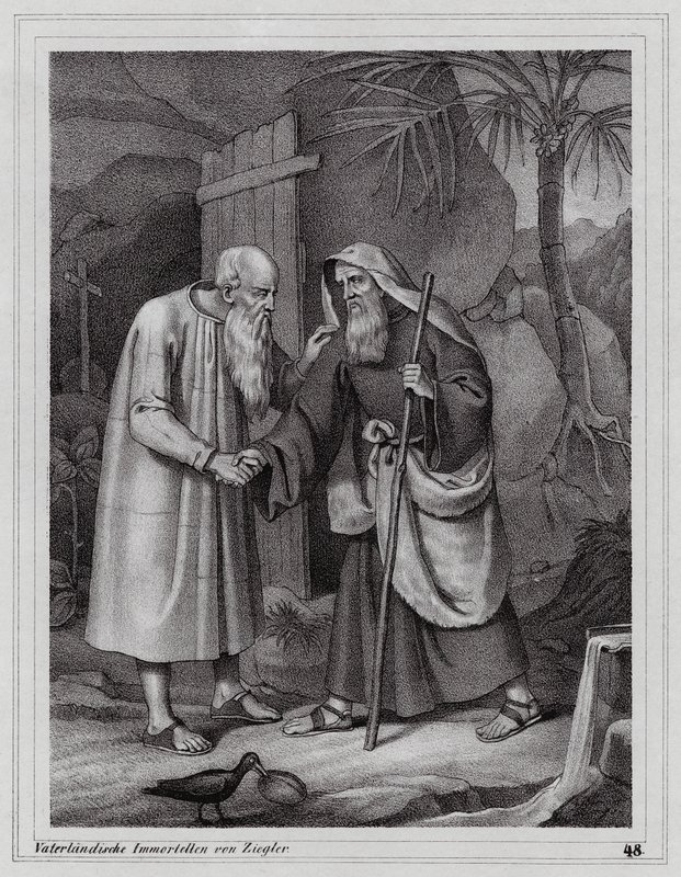 Sint Paulus van Thebe, christelijke kluizenaar (gravure) door Peter Johann Nepomuk Geiger