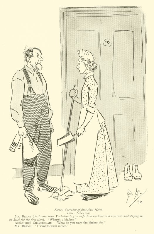 Cartoon door Phil May, uit de jaren 1890 (litho) door Phil May