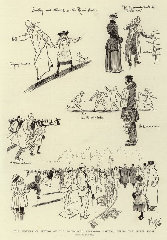 De humor van schaatsen op de Round Pond, Kensington Gardens, tijdens de recente vorst door Phil May