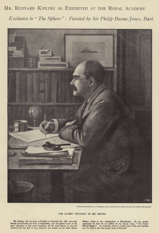 Portret van Rudyard Kipling tentoongesteld in de Royal Academy door Philip (after) Burne Jones