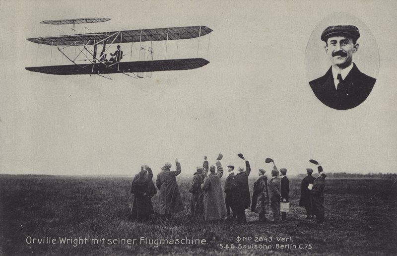 Amerikaanse vliegenier Orville Wright en zijn vliegmachine door Photographer German